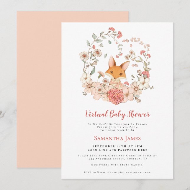 Fox Vintage Foliage Peach Virtual Baby Shower Invitation (Front/Back)