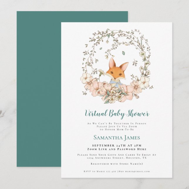 Fox Vintage Foliage Turquoise Virtual Baby Shower Invitation (Front/Back)