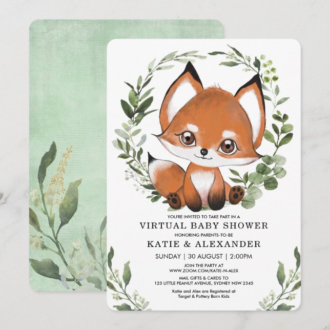 Fox Virtual Baby Shower By Mail Woodland Greenery Invitation (Front/Back)