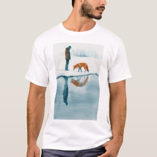 Fox Walking Beside Snow River Reflection T-Shirt