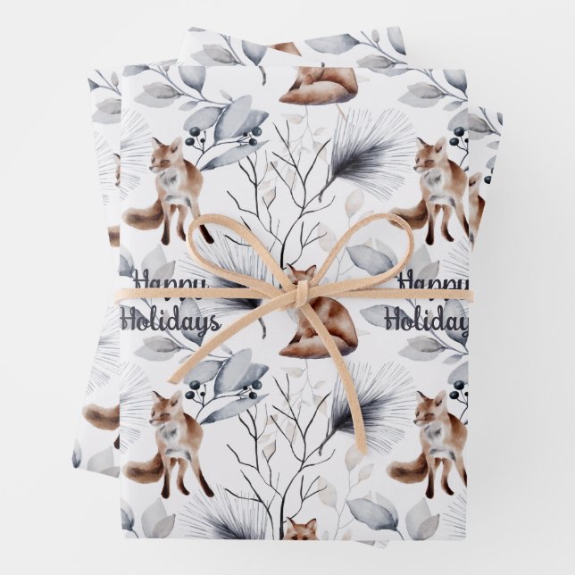 Fox Watercolor Woodland Illustration Christmas  Wrapping Paper Sheet (In situ)