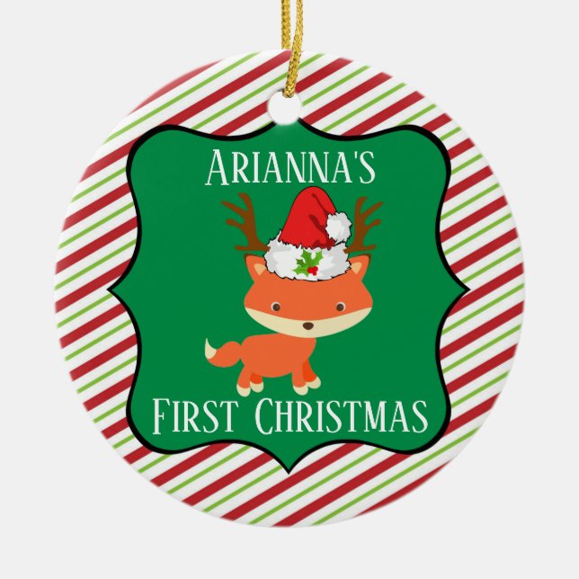 Fox Wearing Reindeer Santa Hat First Christmas Ceramic Tree Decoration (Front)