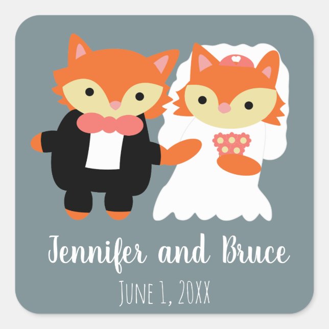 Fox Wedding Cute Grey Personalise Square Sticker (Front)