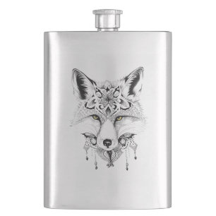 Fox Wild Animal Nature Illustration Art Tattoo Hip Flask