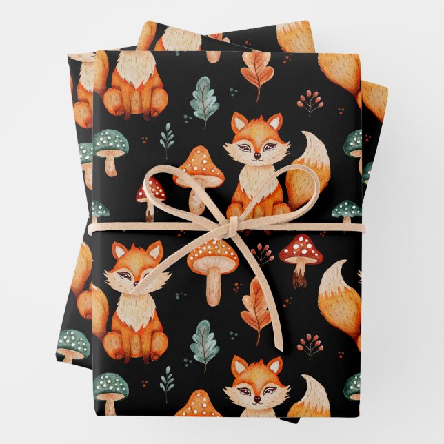 Fox, Wild Forest Mushrooms, Autumn Leaves  Wrapping Paper Sheet (In situ)