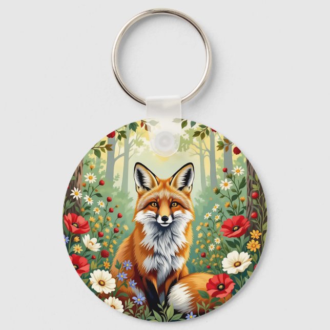 Fox Wildflower Forest Illustration Key Ring (Front)
