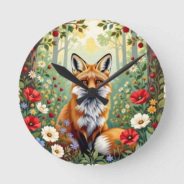Fox Wildflower Forest Illustration Round Clock (Front)