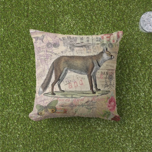 Fox Wildlife Vintage Animal Illustration  Cushion (Grass)