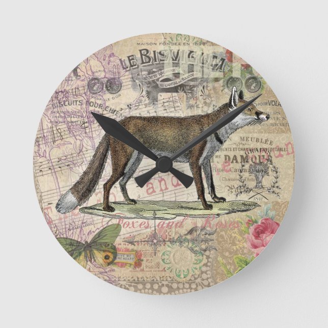 Fox Wildlife Vintage Animal Illustration  Round Clock (Front)