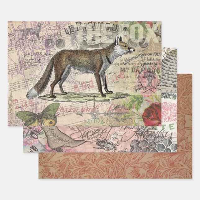 Fox Wildlife Vintage Animal Illustration  Wrapping Paper Sheet (Set)