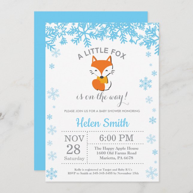Fox Winter Blue Boy Baby Shower Snowflake Invitation (Front/Back)