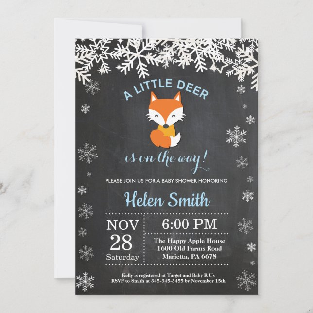 Fox Winter Boy Baby Shower Chalkboard Invitation (Front)