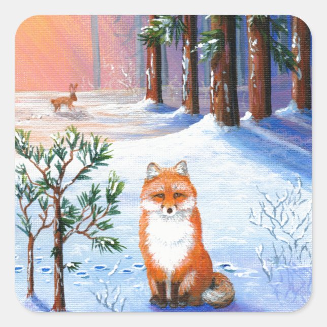 Fox Winter Cartoon Creationarts Square Sticker (Front)