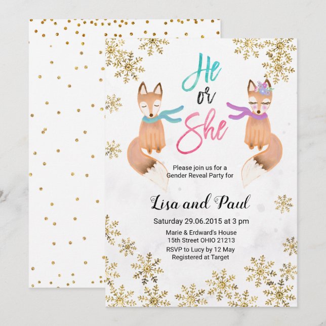 Fox Winter Gold gender reveal invitation (Front/Back)