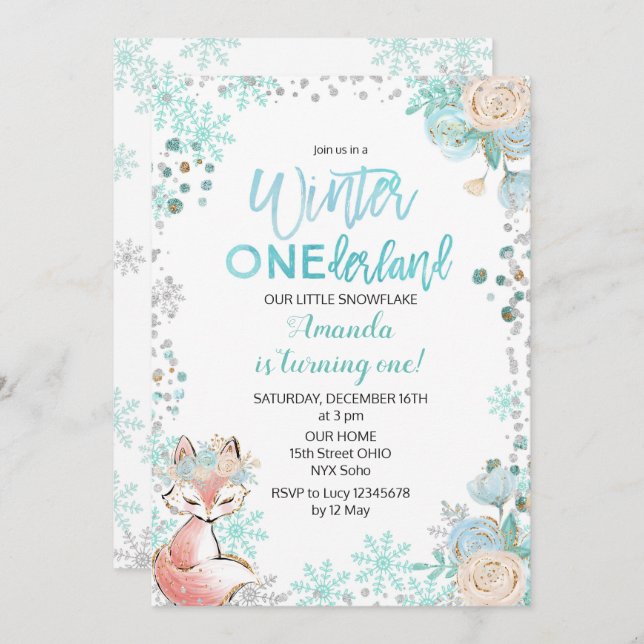 Fox Winter ONEderland Snow Birthday Invite Mint (Front/Back)