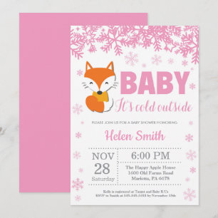 Fox Winter Pink Girl Baby Shower Snowflake Invitation