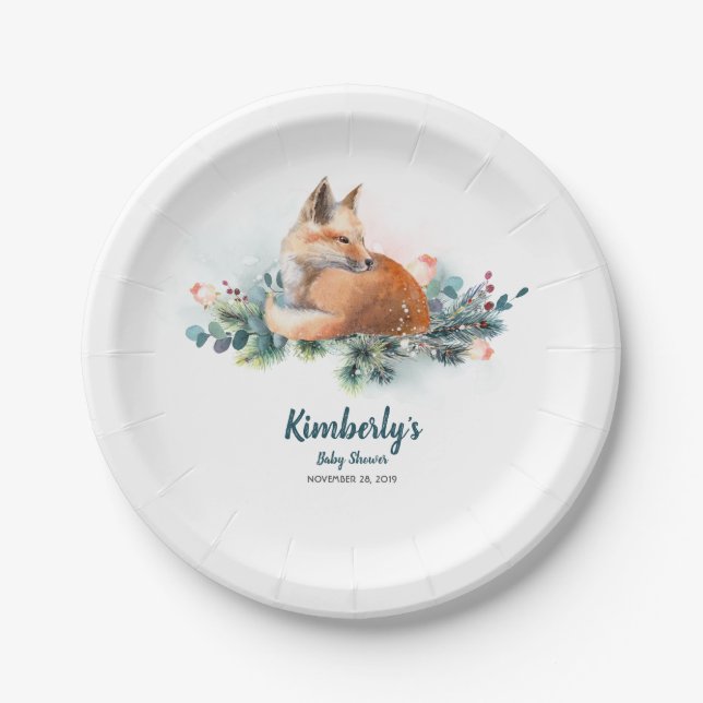 Fox Winter Woodland Baby Shower Paper Plate (Front)