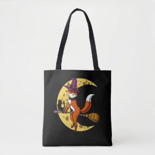 Fox Witch RIding A Broom Funny Halloween Animal Tote Bag