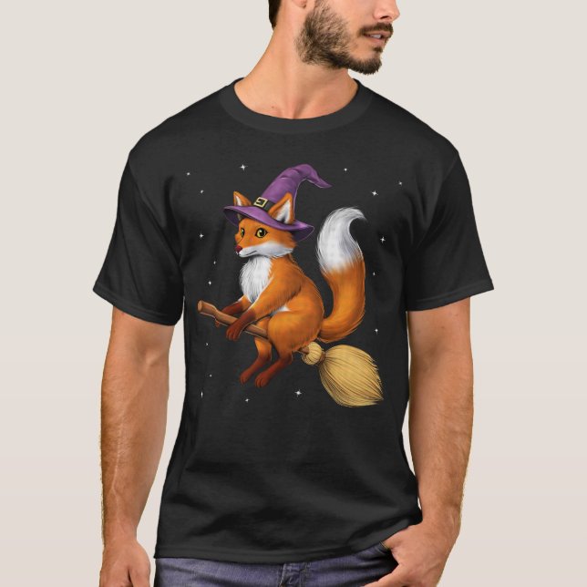 Fox Witch Riding Broom T-Shirt (Front)