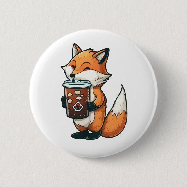 Fox with a cup 6 cm round badge (Front)