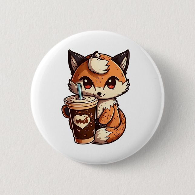 Fox with a cup 6 cm round badge (Front)