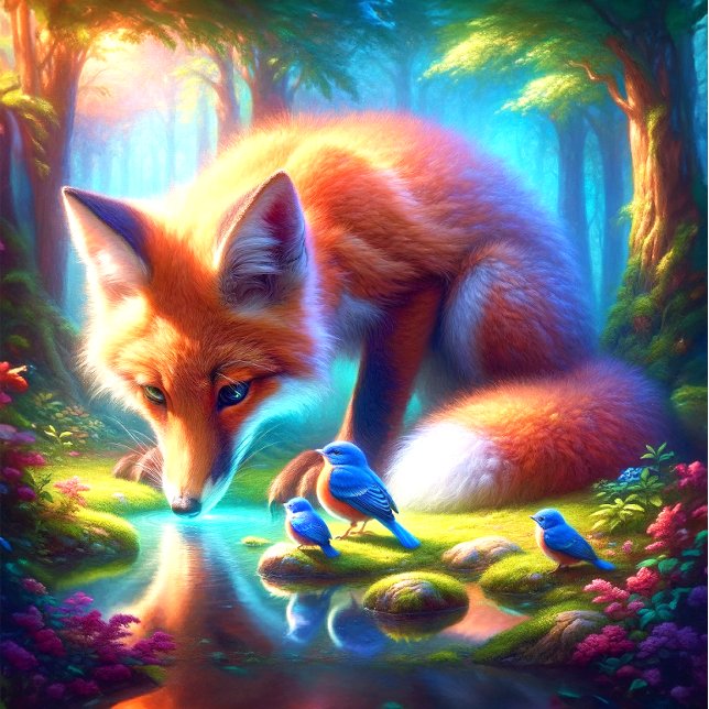 Fox With American Robins In Forest Jigsaw Puzzle (Escape to nature's embrace with the Fox and American Robins puzzle. Serenity awaits!)
