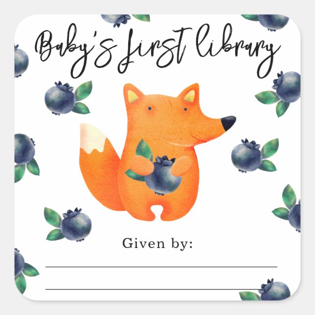 Fox with blueberry - baby's first library square sticker (Front)