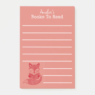 Fox with Book Personalised Reading list Post-it Notes