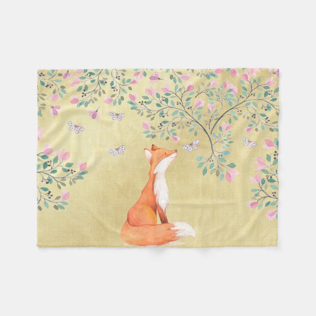 Fox with Butterflies and Pink Flowers Fleece Blanket (Front (Horizontal))