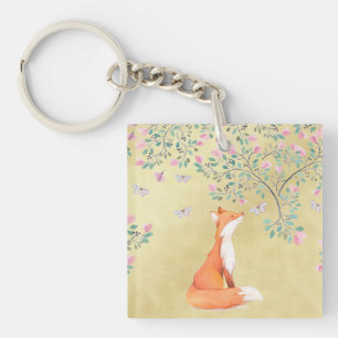Fox with Butterflies and Pink Flowers Key Ring