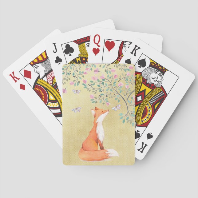Fox with Butterflies and Pink Flowers Playing Cards (Back)