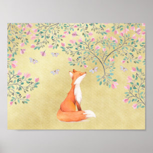 Fox with Butterflies and Pink Flowers Poster