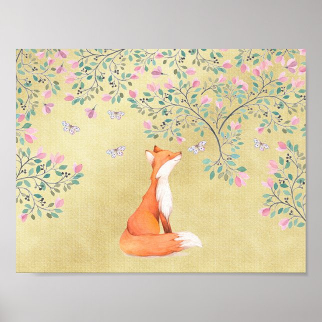 Fox with Butterflies and Pink Flowers Poster (Front)