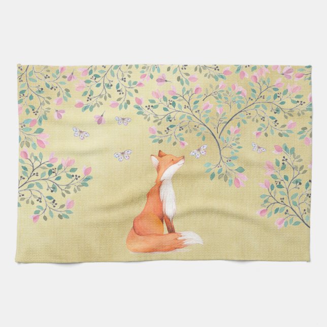 Fox with Butterflies and Pink Flowers Tea Towel (Horizontal)