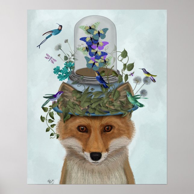 Fox with Butterfly Bell Jar Poster (Front)