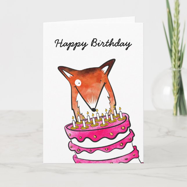 Fox with cake birthday card (Front)