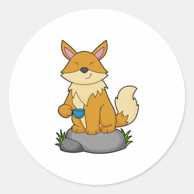 Fox with Coffee cup Classic Round Sticker (Front)