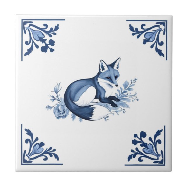 Fox with Delft Blue and White Corner Flourish Tile (Front)