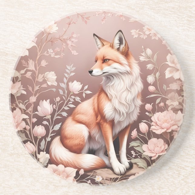 Fox With Dreamy Pink Floral Coaster (Front)