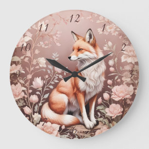 Fox With Dreamy Pink Floral Large Clock