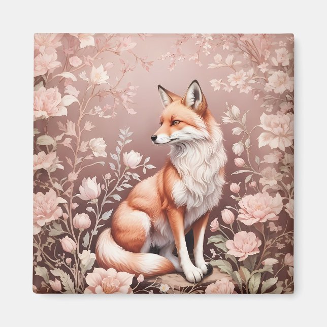 Fox With Dreamy Pink Floral Magnet (Front)