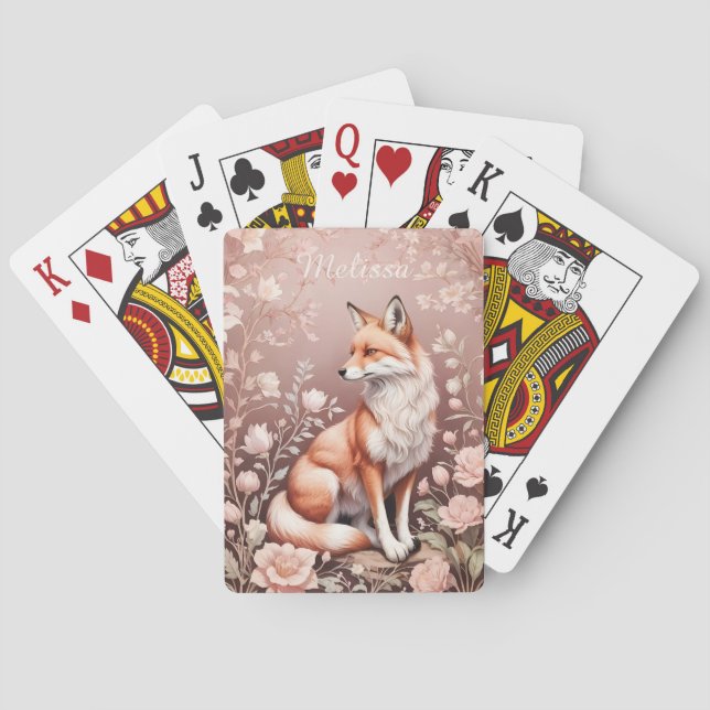 Fox With Dreamy Pink Floral - Personalised Name Playing Cards (Back)