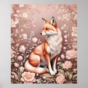 Fox With Dreamy Pink Floral Poster