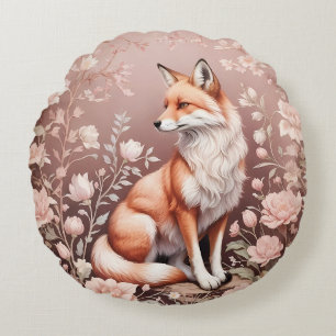 Fox With Dreamy Pink Floral Round Cushion