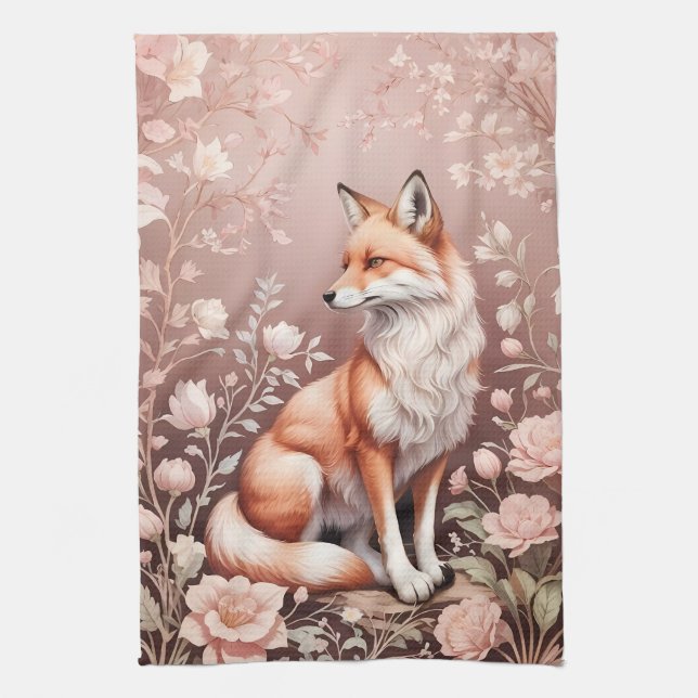 Fox With Dreamy Pink Floral Tea Towel (Vertical)