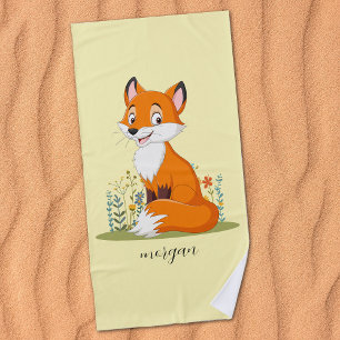 Fox With Flowers, Child's Name on Pale Yellow Beach Towel