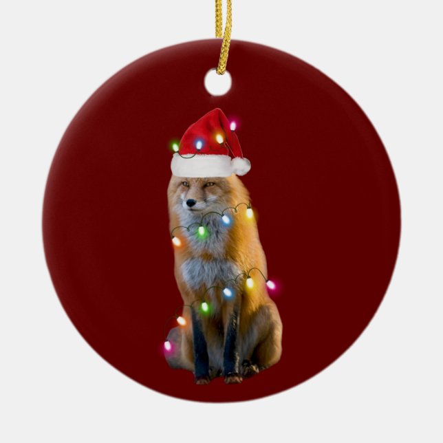 Fox With Hat Lights Christmas Ceramic Tree Decoration (Front)