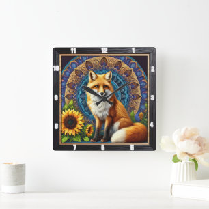Fox with Mandala and Sunflower Vibrant Colours Square Wall Clock