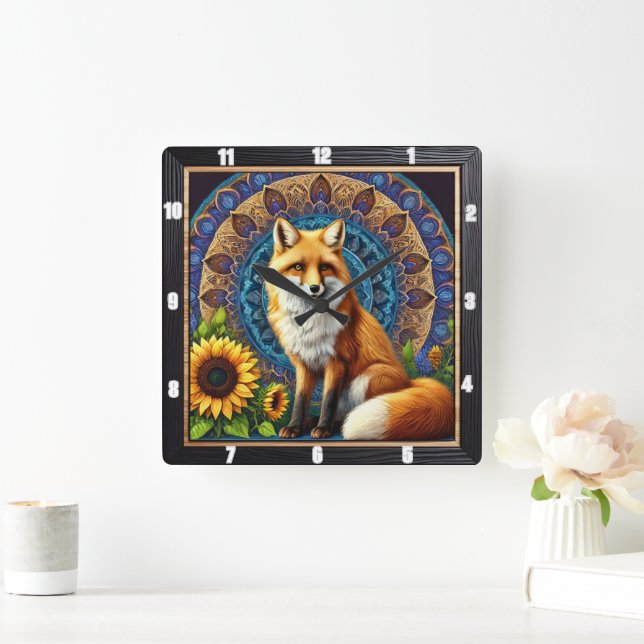 Fox with Mandala and Sunflower Vibrant Colours Square Wall Clock (Home)