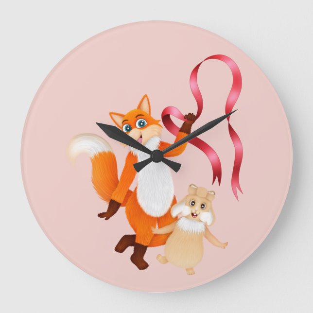 Fox With Ribbon and Rabbit With Bow Kids Clock (Front)